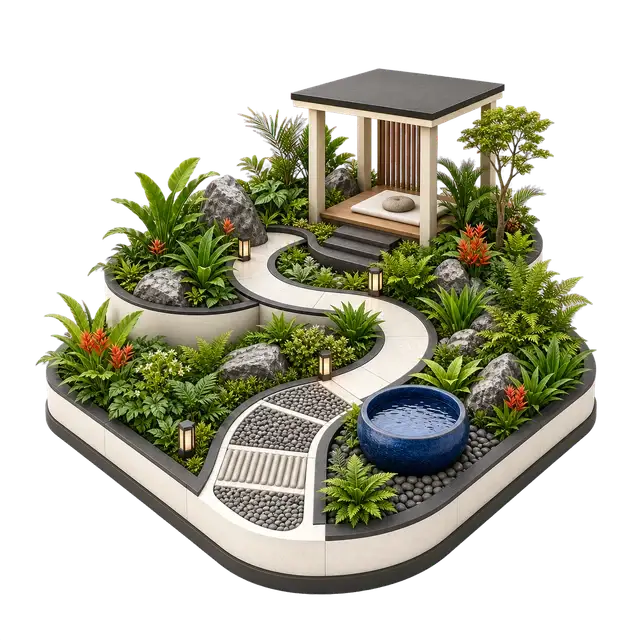 Shaded garden path with comfortable benches, layered planting and quiet seating corners