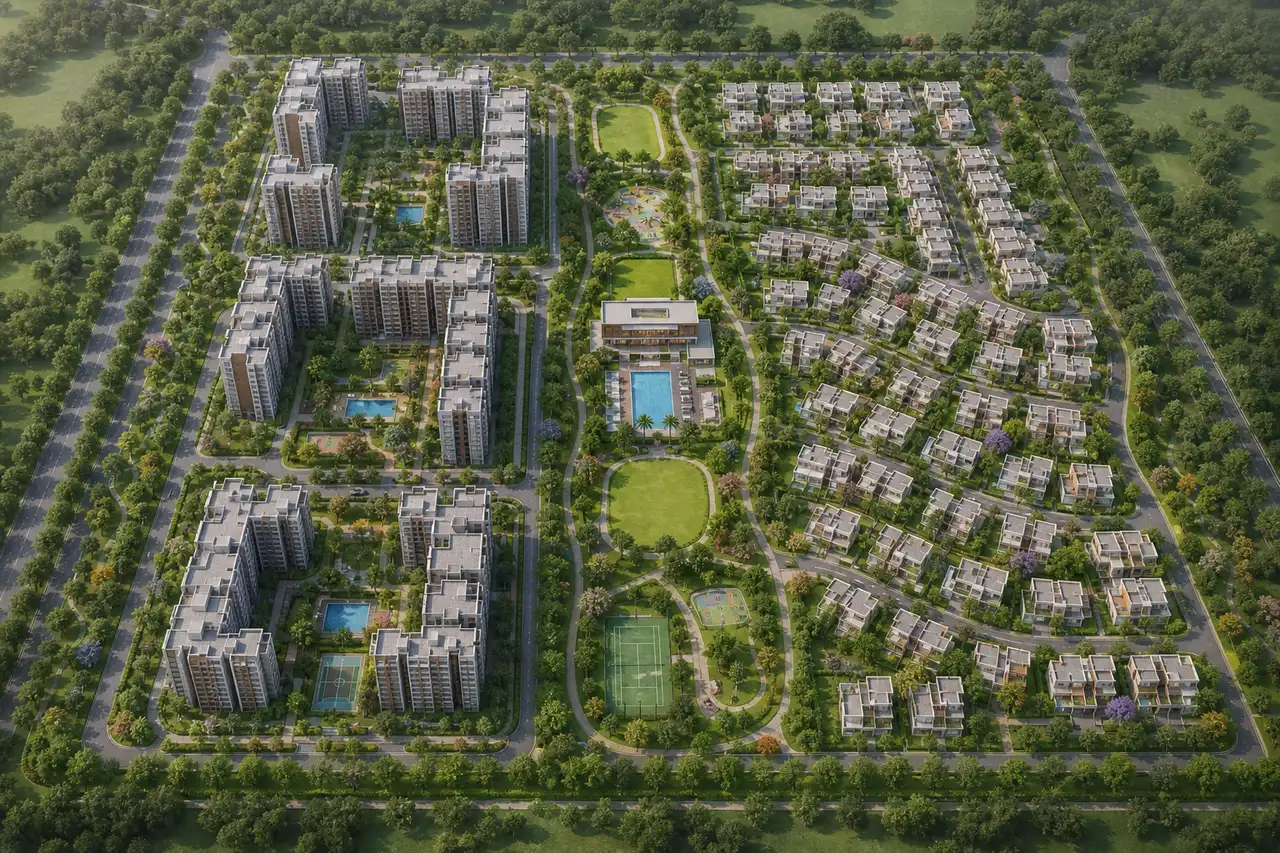 Apartment precincts and villa neighbourhoods arranged around a central landscaped spine